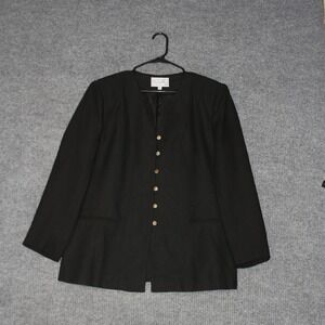 SuitsMe Women 16 Size Black Blazer Collarless Jacket Button‎ Front Made in USA